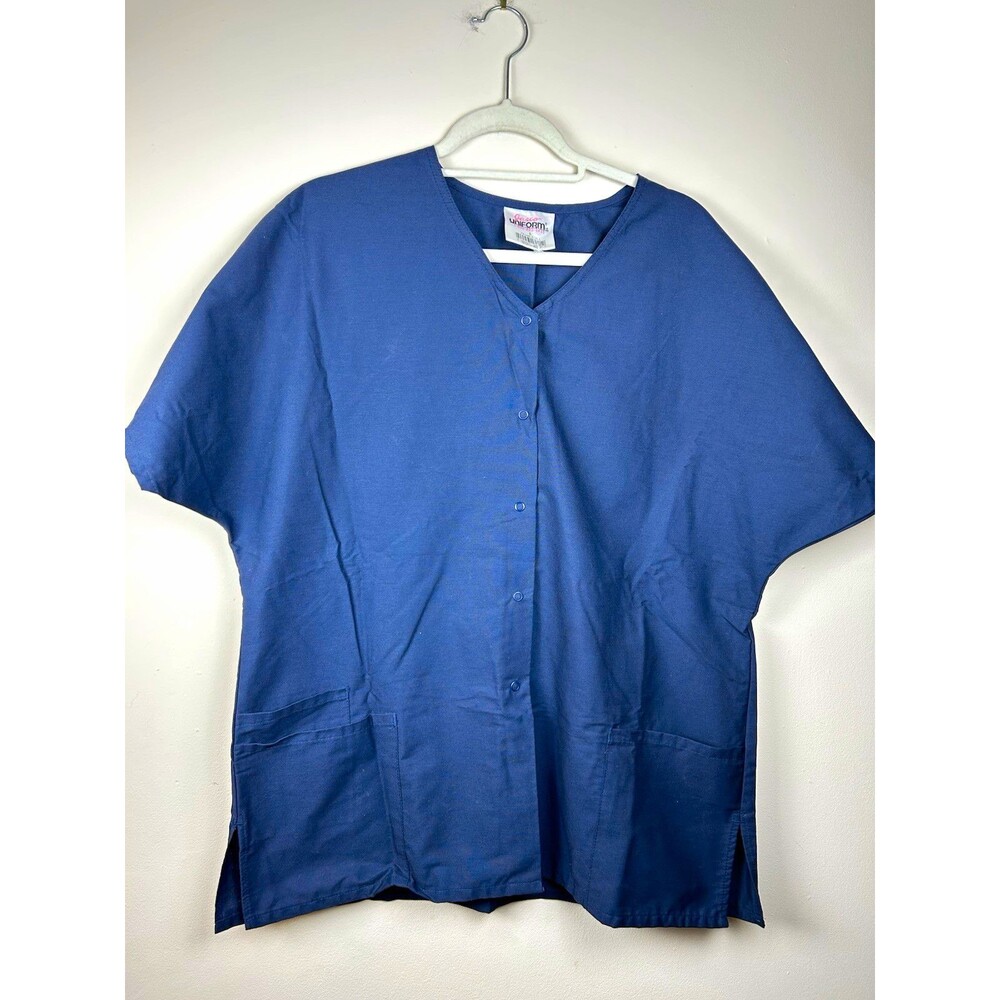 VTG 90s Jasco Uniform Co Blue V-Neck Snap Front Short Sleeve Solid Scrub Top L